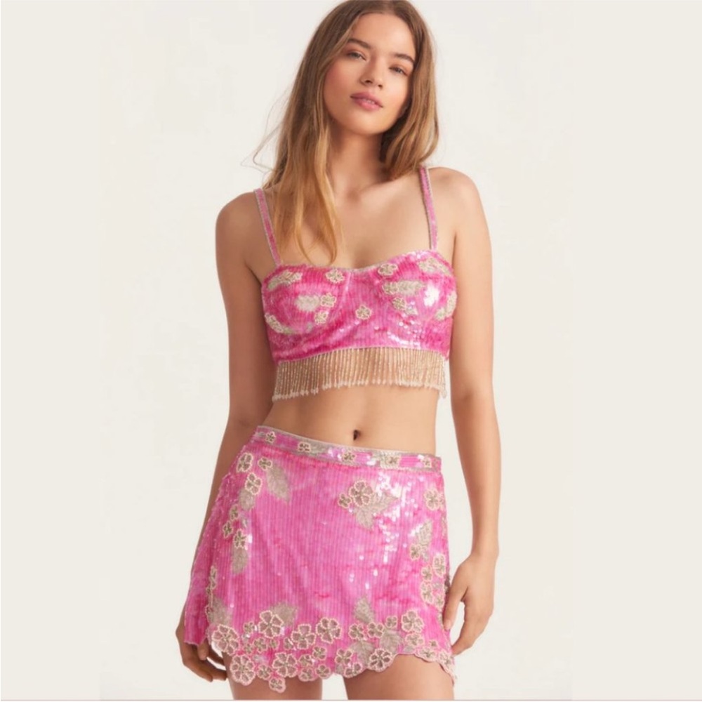 LoveShackFancy Kalasie Skirt and Maeve Crop Top Pink Sequin